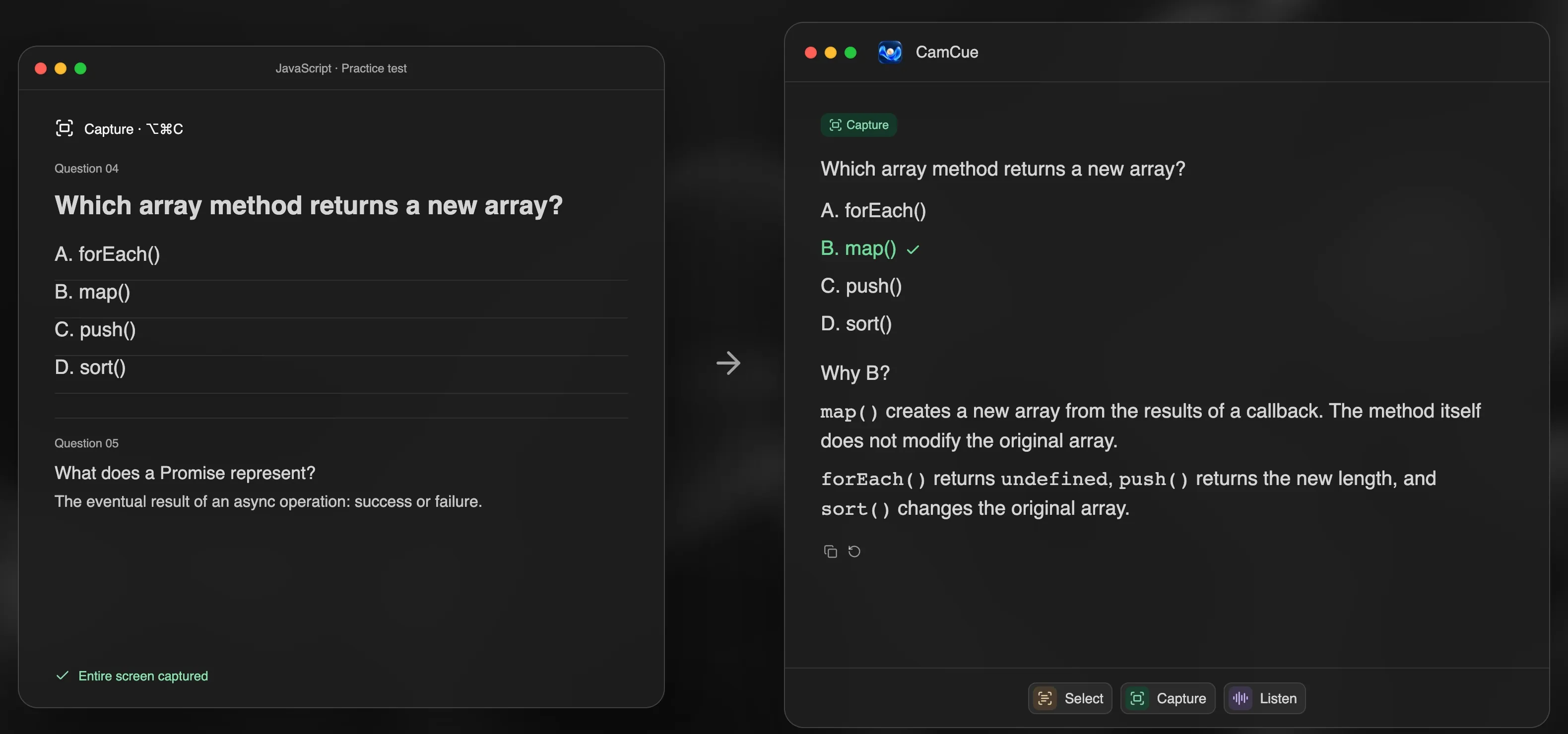 CamCue Capture reading a JavaScript practice question about which array method returns a new array and explaining that map() does while forEach, push, and sort do not