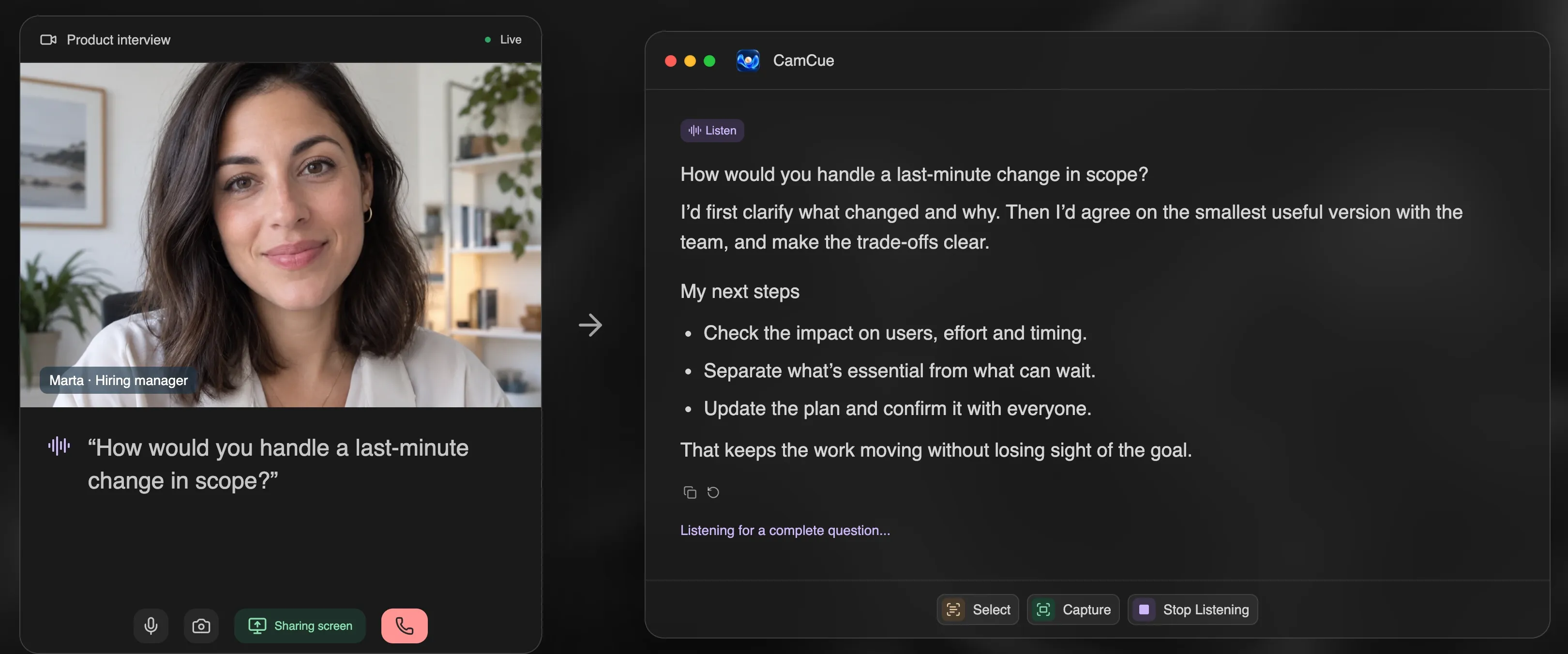 CamCue Listen drafting an answer to a hiring manager’s spoken question during a video interview