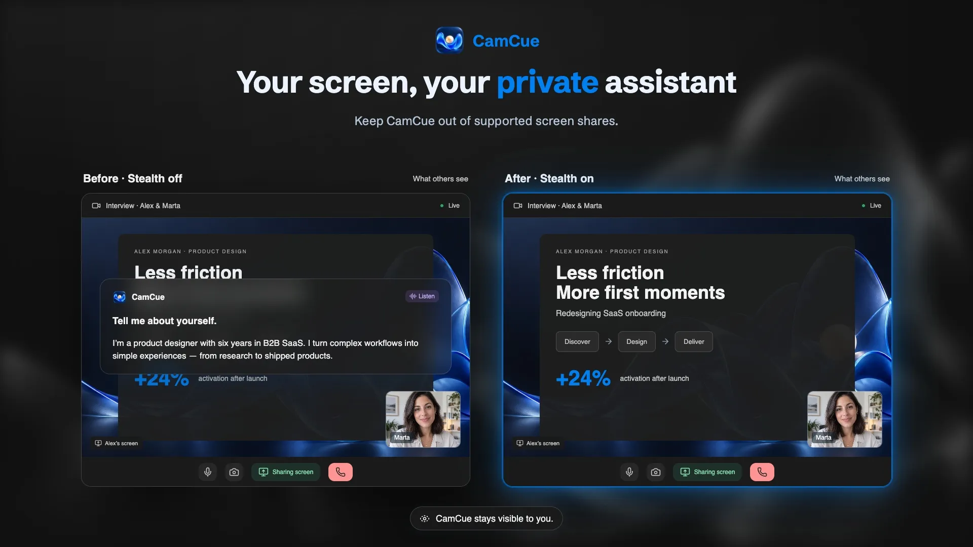 Before and after comparison of an interview call: with Stealth off the CamCue window covers the shared slide, with Stealth on it is absent from what others see