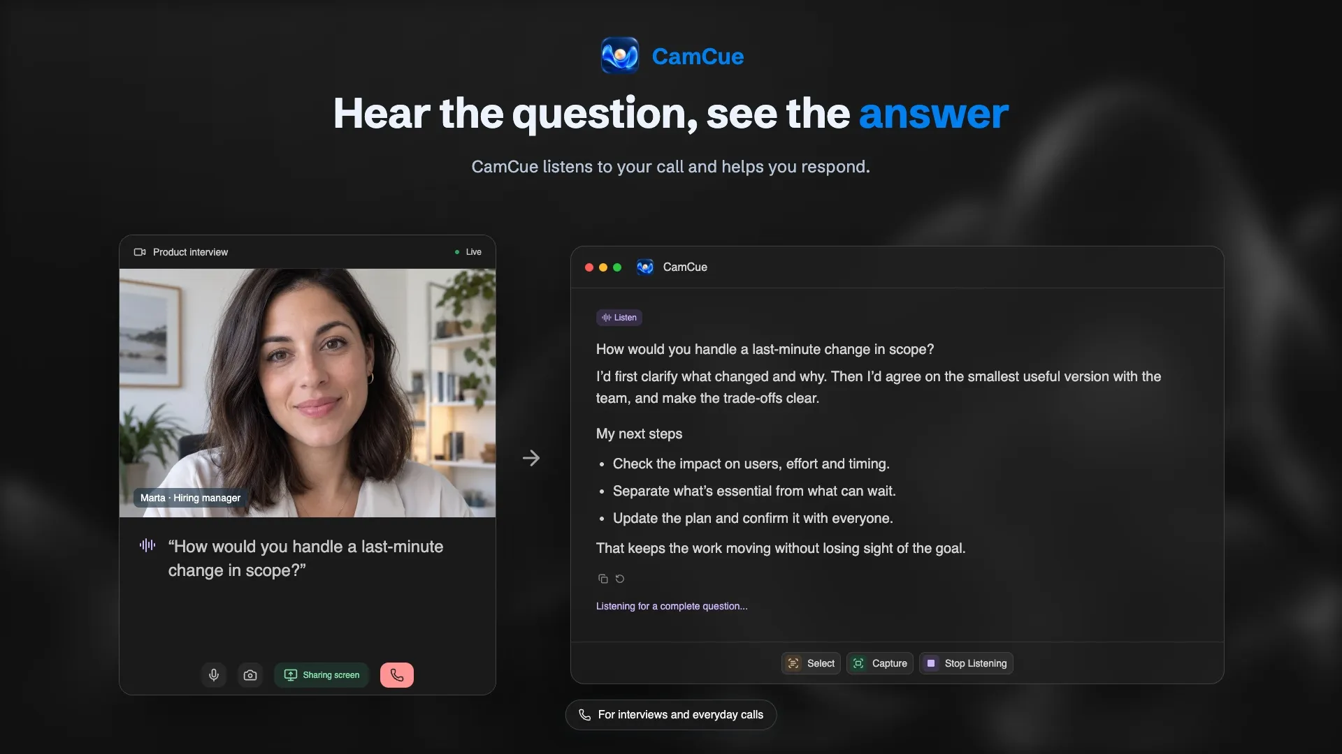 CamCue listening to a video call and showing a structured answer to the question “How would you handle a last-minute change in scope?”