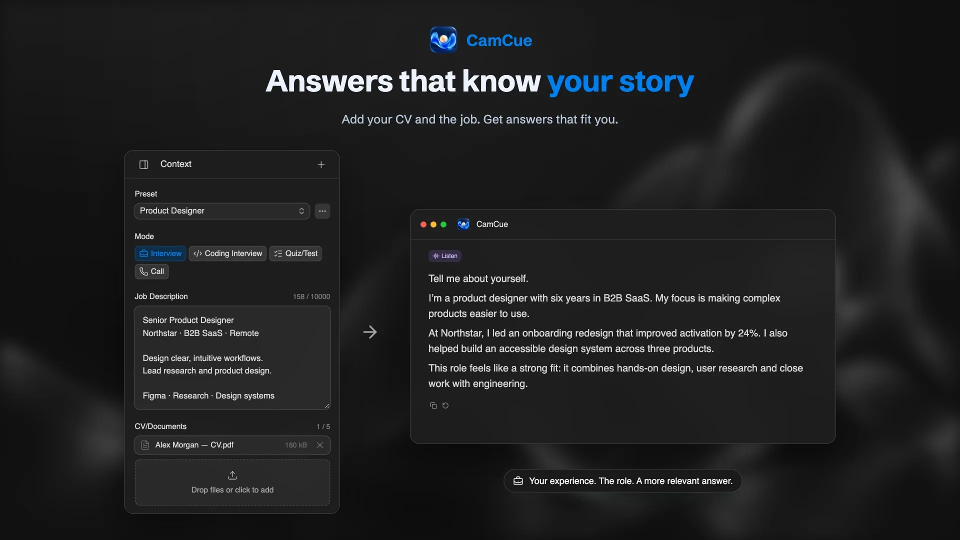 CamCue on a Mac answering “Tell me about yourself” with context from a CV and a job description