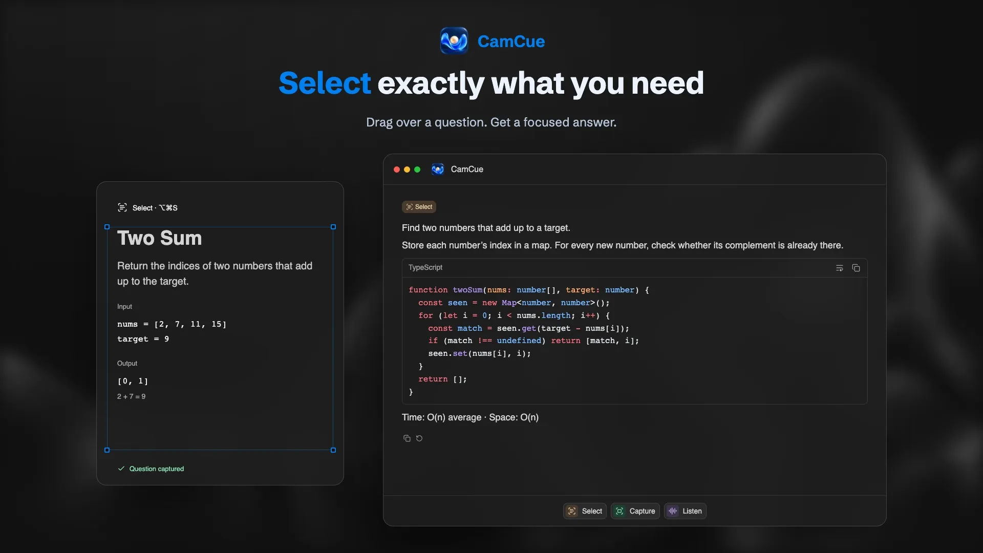 CamCue Select: the Two Sum problem is highlighted on the left and the answer with a TypeScript hash map solution appears on the right