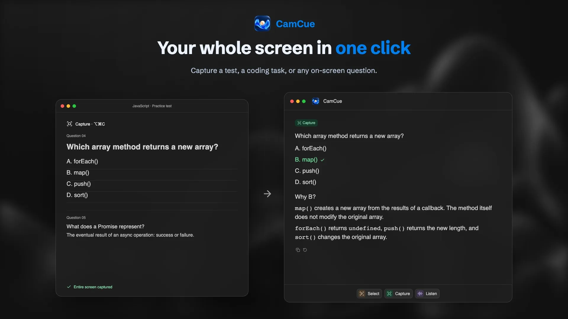 CamCue Capture analyzing a question on the screen and returning an answer with an explanation