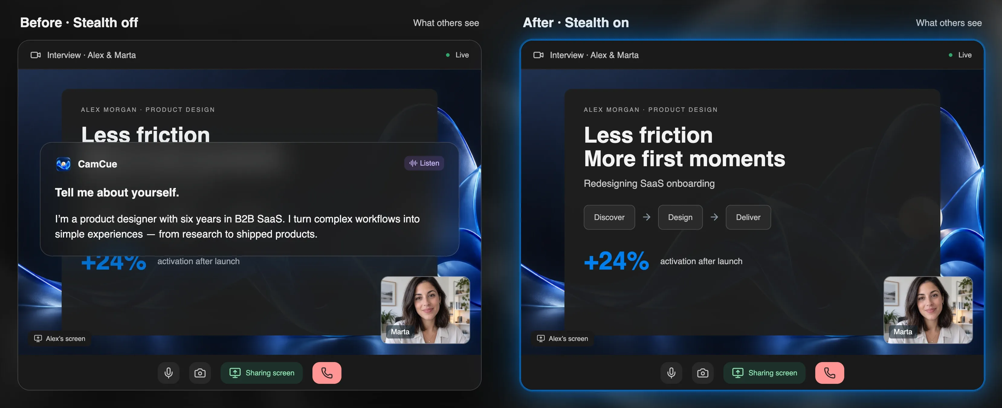 Two views of a shared screen during an interview: with Stealth off the CamCue answer is visible to the interviewer, with Stealth on it is not